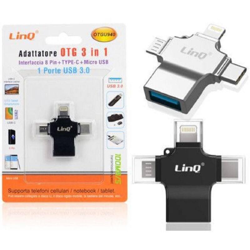 foto del prodotto linq adattatore otg 3in1 da lightning type c micro usb a usb femmina 100 mbps otgu940 