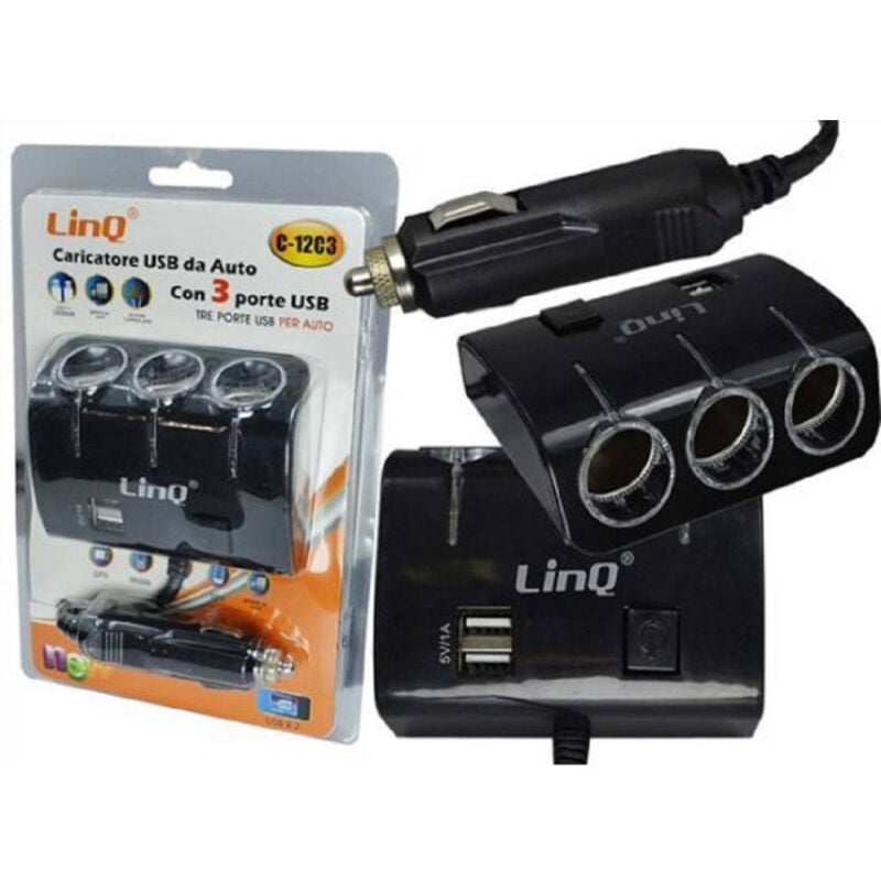 foto del prodotto linq adattatore sdoppiatore caricatore triplo accendisigari per auto 12v 2 usb c 12c3 