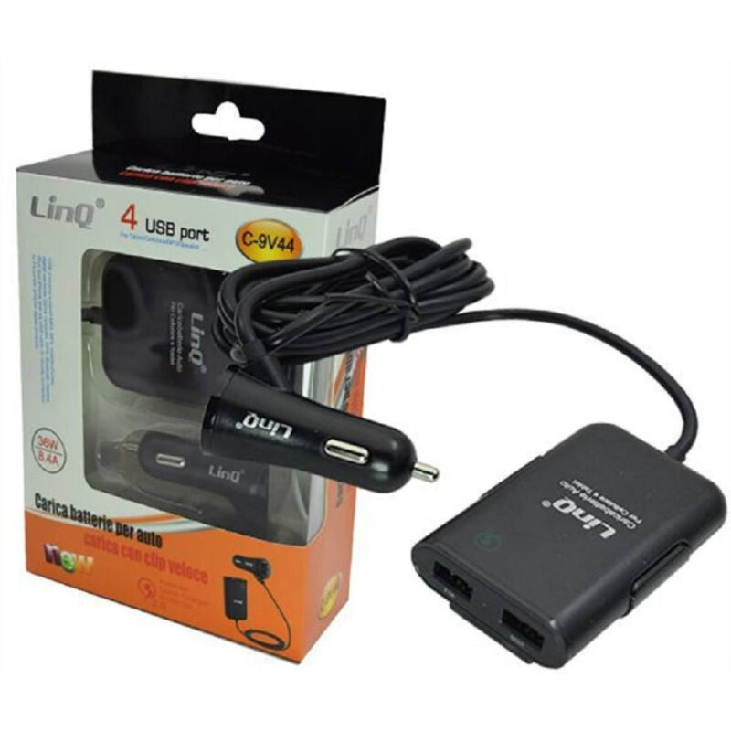 foto del prodotto linq caricabatteria auto 4 porte usb cavo estensibile 36w ricarica veloce 8.4a c 9v44 