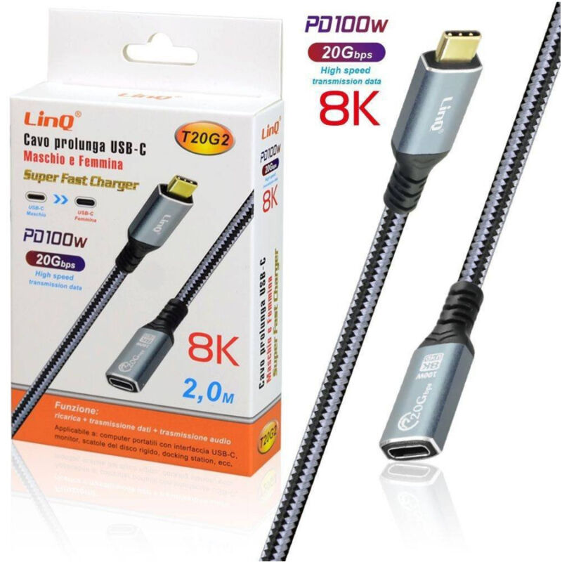 foto del prodotto linq cavo prolunga type c maschio femmina 2mt ricarica 100w risoluzione 8k 20gbps t20g2 
