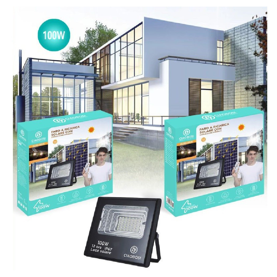 foto del prodotto linq faro faretto led pannello solare fotovoltaico 100w con crepuscolare ip67 led 9015 
