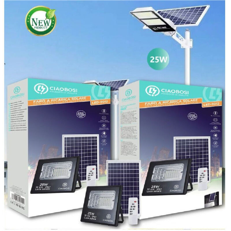foto del prodotto linq faro faretto led pannello solare fotovoltaico 25w con crepuscolare ip67 led 9012 