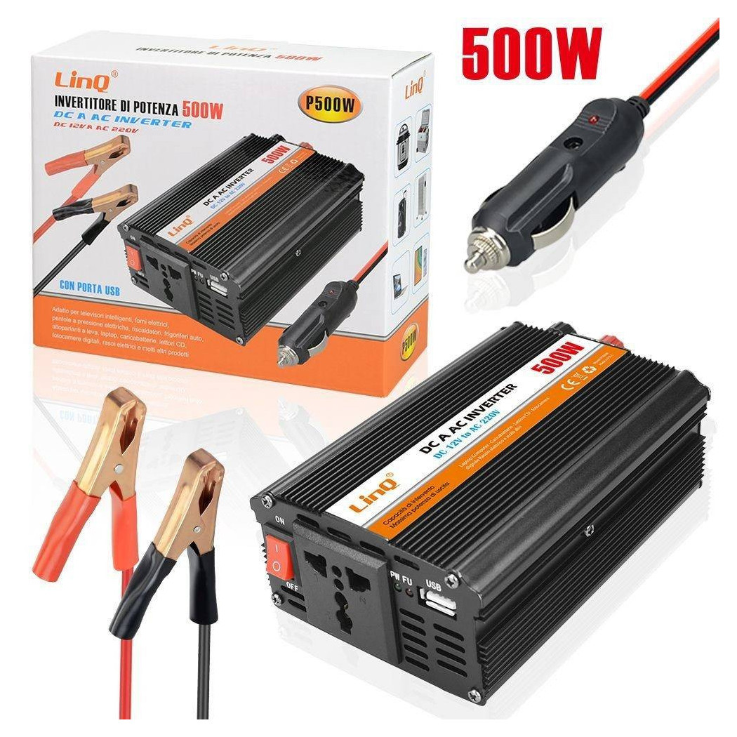 foto del prodotto linq inverter di potenza multifunzione 500 w 12v 220v convertitore tasto on off p500w 
