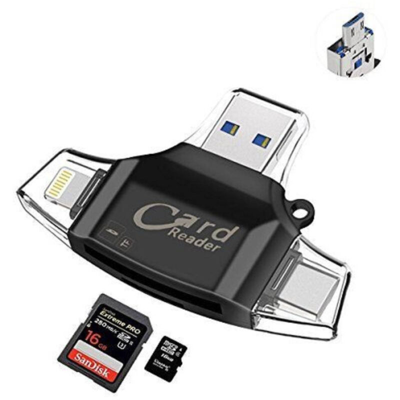 foto del prodotto linq lettore schede memoria memory 4 in 1 otg usb micro usb tipo c lightning id r008 