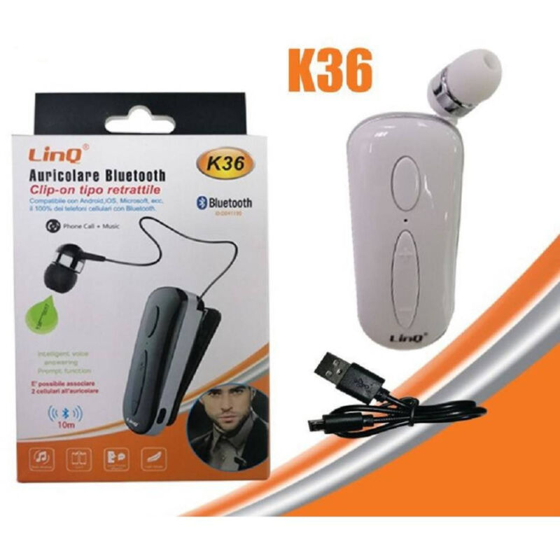foto del prodotto linq mono auricolare stereo bluetooth con clip on retrattile associa 2 cellulari k36 