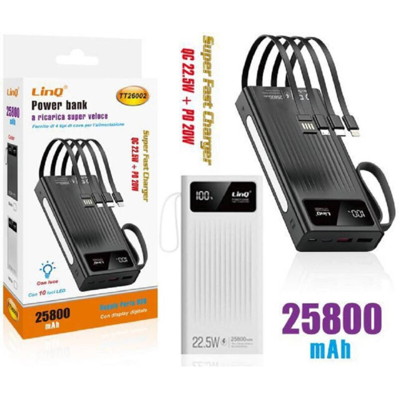 foto del prodotto linq powerbank batteria esterna a ricarica super veloce 25800mah 22.5w con luce tt26002 