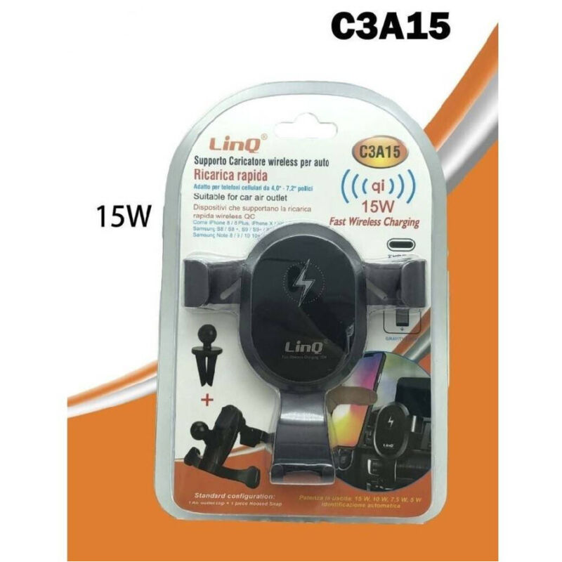 foto del prodotto linq supporto caricatore auto per smartphone con ricarica rapida wireless qi 15w c3a15 