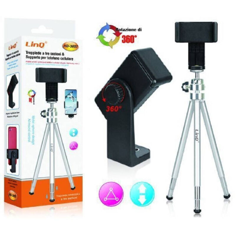 foto del prodotto linq treppiede ruotabile a 360 tripod a 3 sezioni telescopico per smartphone hd 3057 