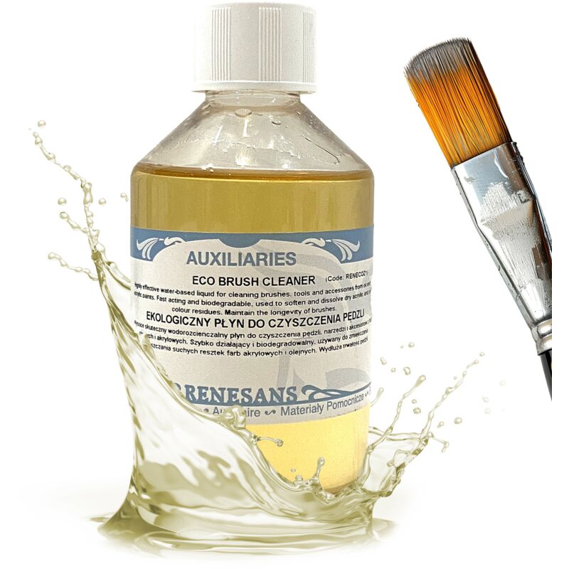 foto del prodotto liquido ecologico per la pulizia e il lavaggio dei pennelli, ammorbidente renesans 250ml
