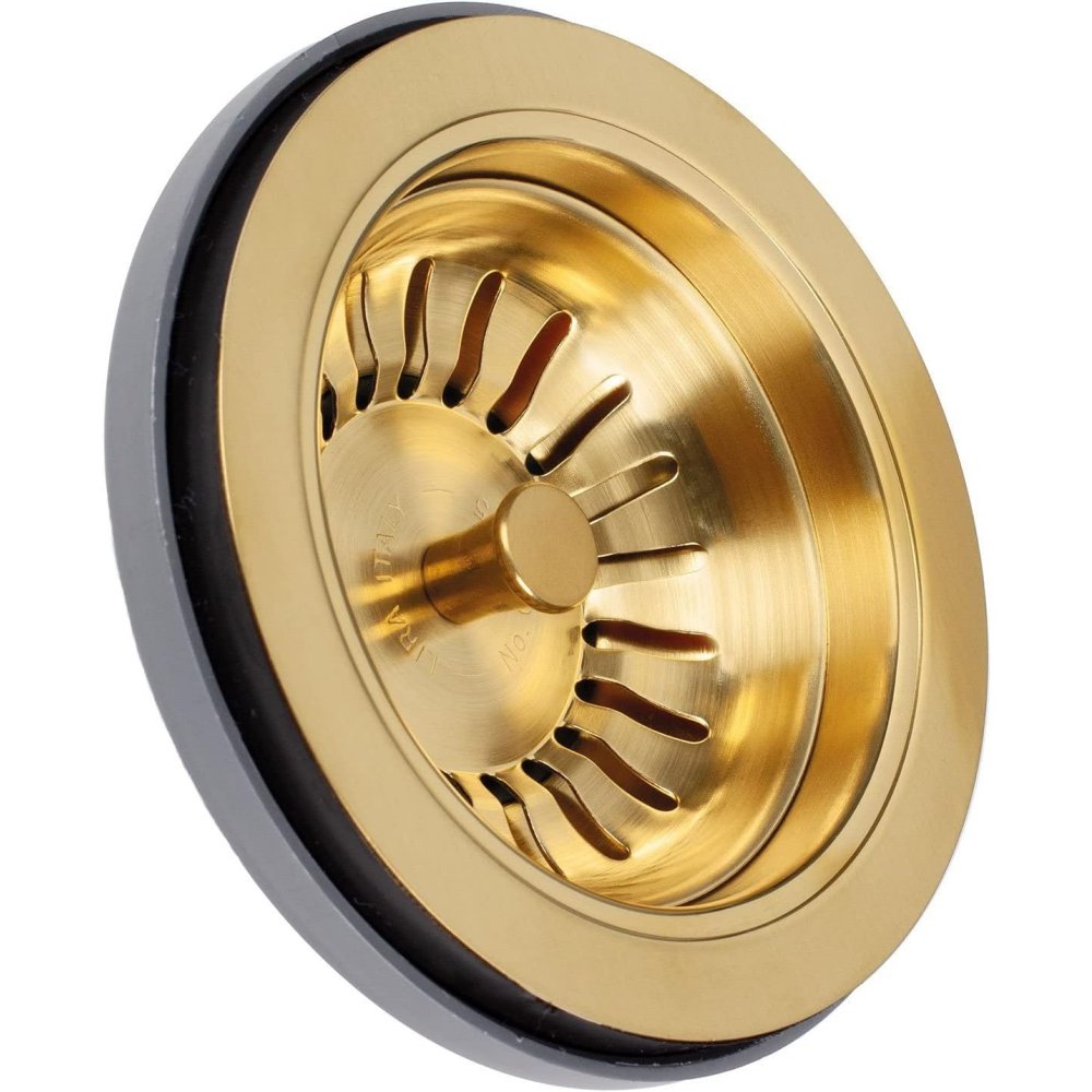 foto del prodotto lira scarico a cestello con troppopieno rotondo, diametro 90 mm, oro satinato