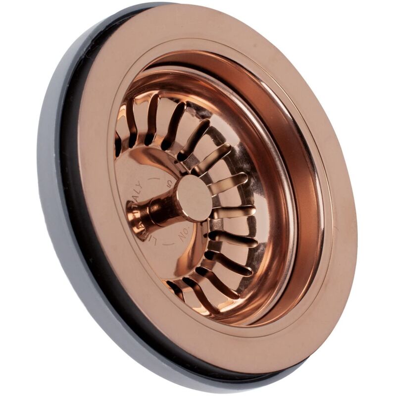 foto del prodotto lira spa - piletta basket universale salva spazio con troppo pieno tondo rame lucido