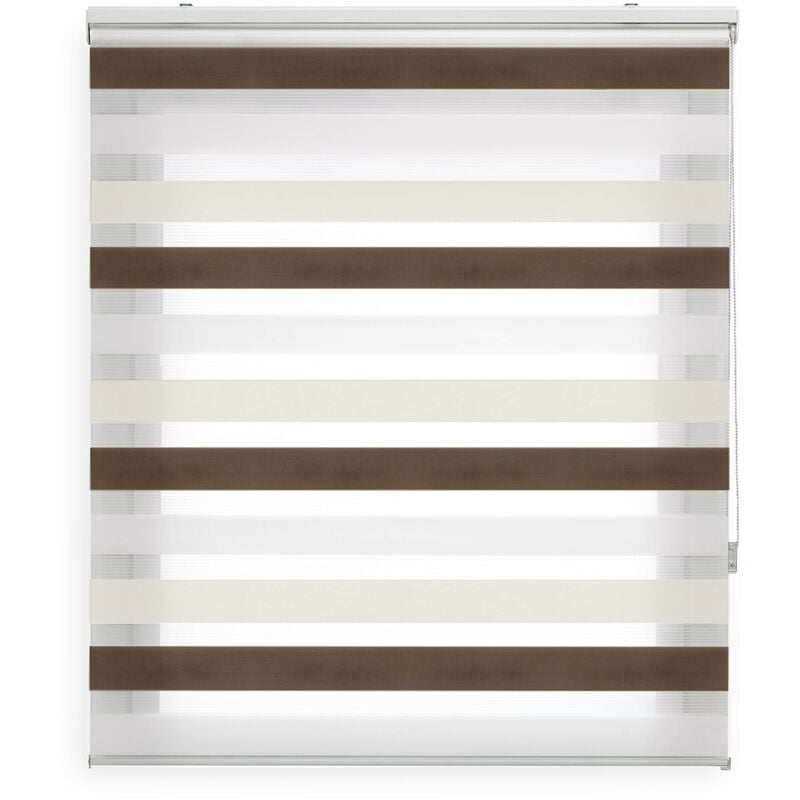 foto del prodotto lira tenda a rullo giorno e notte, tricolore marrone, crema, bianco, 120 x 180 cm larghezza x altezza dimensioni del tessuto 117 x 175 cm. eleganti