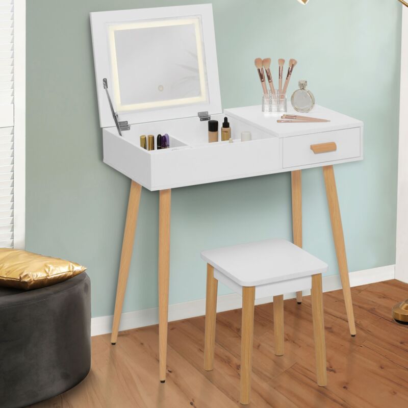 foto del prodotto lisa mobiletto scandinavo bianco con specchio led pieghevole e sgabello