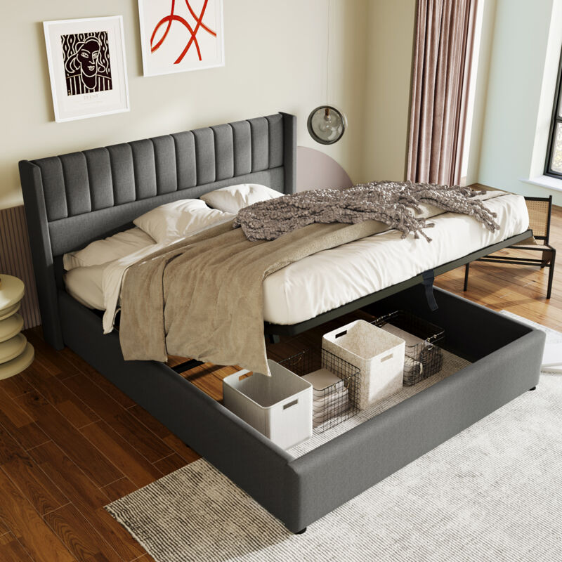 immagine 0 del prodotto lit letto contenitore imbottito con rete a doghe, lino 140x200 cm, grigio, senza materasso