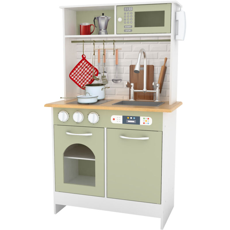 foto del prodotto little chef boston modern farmhouse playset da cucina in legno con funzioni interattive e 9 accessori da cucina, verde chiaro bianco td 12679e