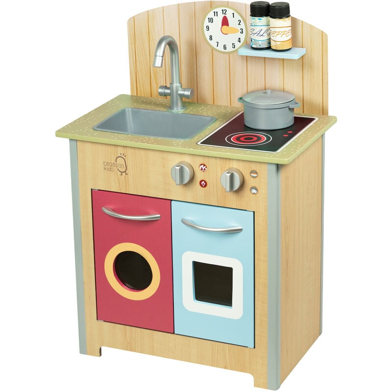 foto del prodotto little chef porto classico set da cucina in legno piccolo con funzioni interattive e 4 finta cucina accessori natural multi td 13595c teamson kids