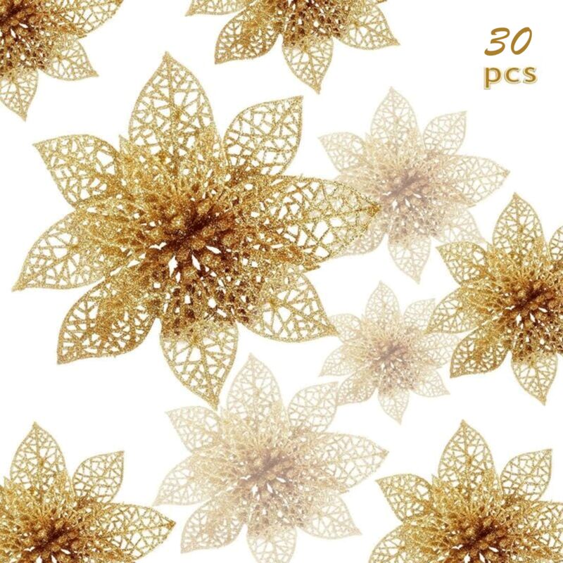 foto del prodotto litzee fiori di natale, 30 pezzi di fiori di natale glitterati, fiori di natale cavi glitterati, decorazione floreale artificiale per albero di