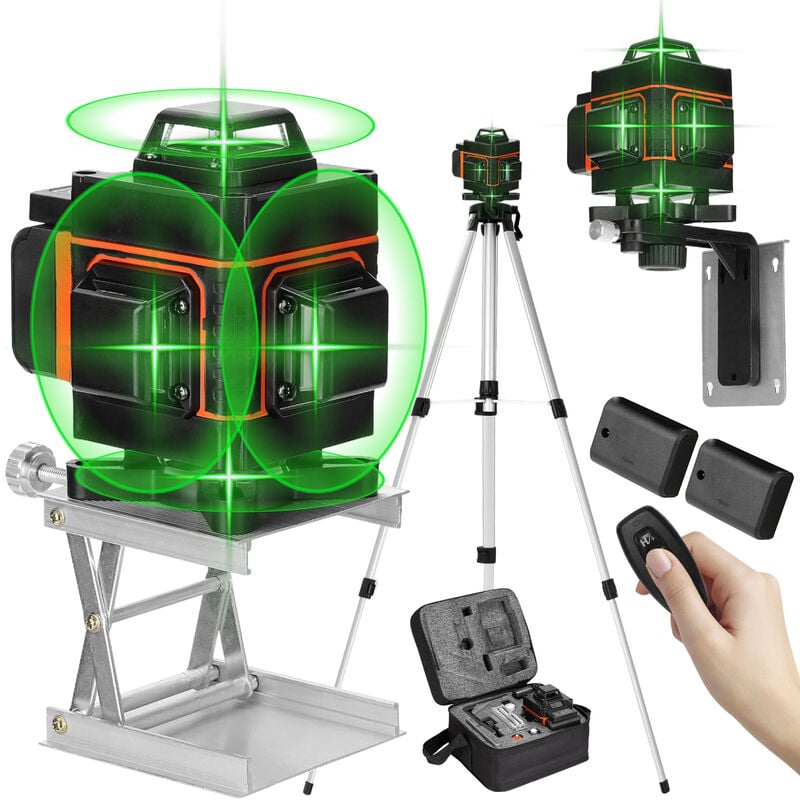 foto del prodotto livella laser, 360 4d 16 linee verdi 3 autolivellante, controllabile tramite telecomando, con 2 batterie e treppiede telescopico in alluminio da