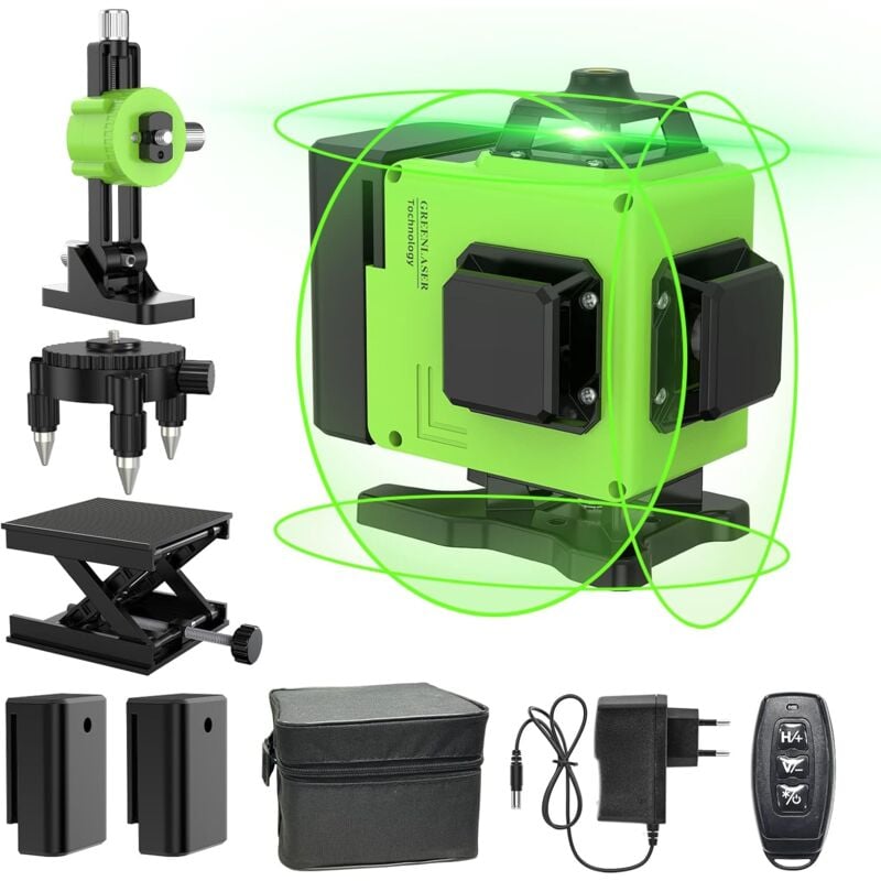 foto del prodotto livella laser 360 x4, livella laser verde autolivellante per cantieri edili con linea trasversale verticale e orizzontale 3d, ip54, con borsa