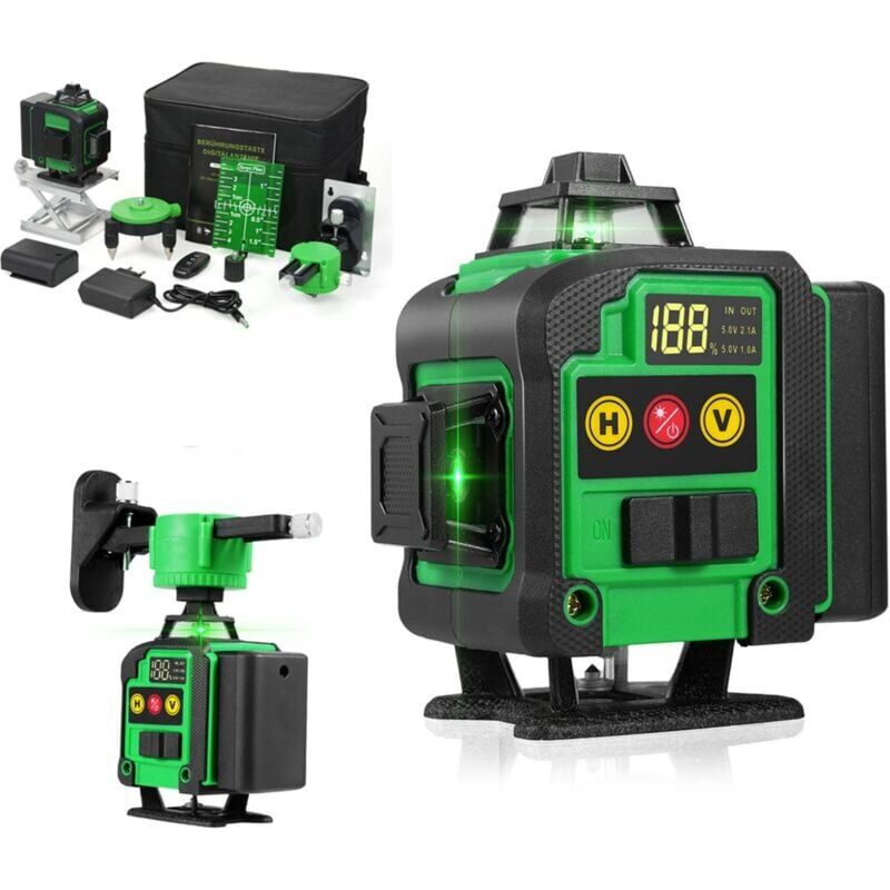 foto del prodotto livella laser 360 x4, livella laser verde autolivellante per cantieri edili con linea trasversale verticale e orizzontale 4d, ip54, con borsa