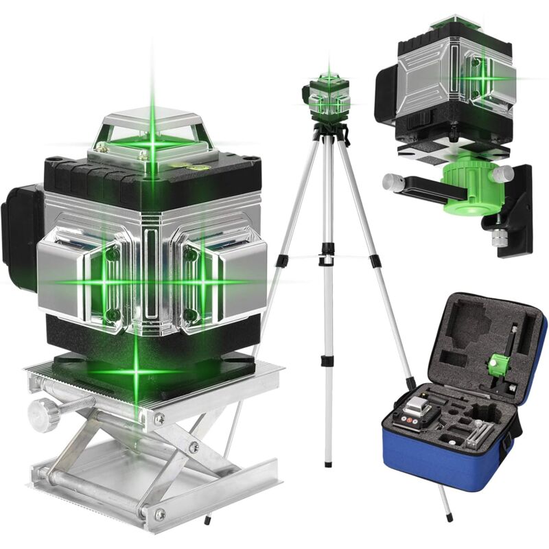 foto del prodotto livella laser a 360 , livella laser autolivellante 4d a 16 linee, 3 , con batteria, piattaforma di sollevamento, treppiede e telecomando.