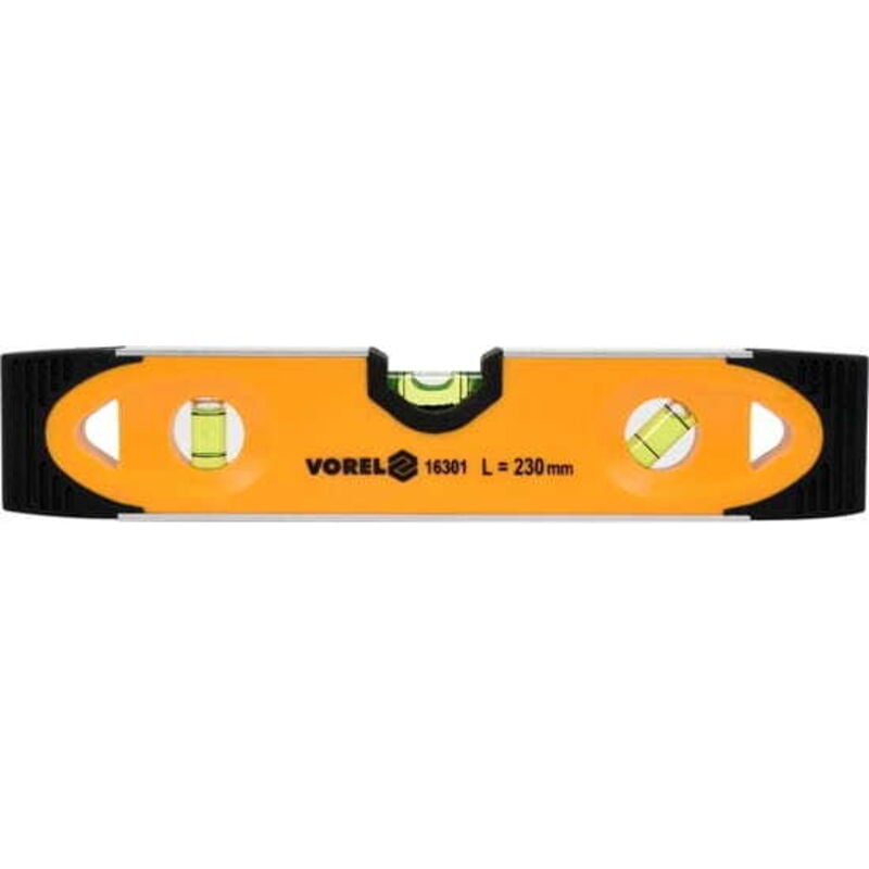 foto del prodotto livella torpedo 230 mm, corpo in plastica, tre lampadine, base magnetica 16301 vorel