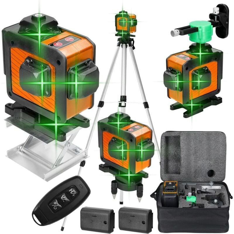 foto del prodotto livello laser 360 4d a 16 linee, laser da cantiere con 2 batterie, autolivellante 3 , tavolo elevatore piastra in ferro supporto a parete,