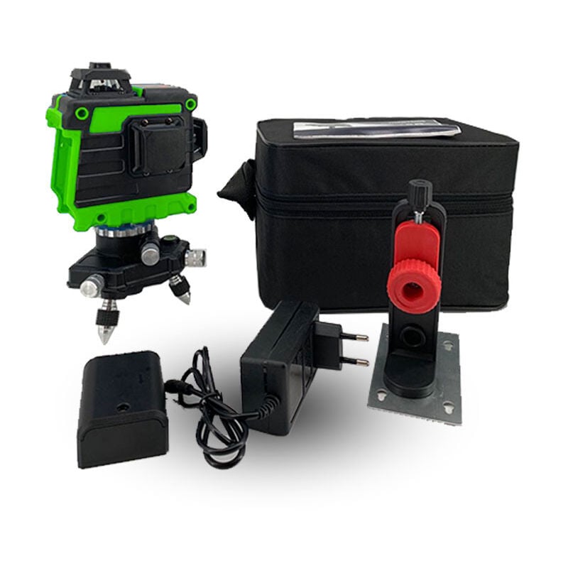foto del prodotto livello laser verde 3d 360 , livello laser autolivellante a 12 linee, strumento di livellamento verticale con batterie, supporto a parete, base a