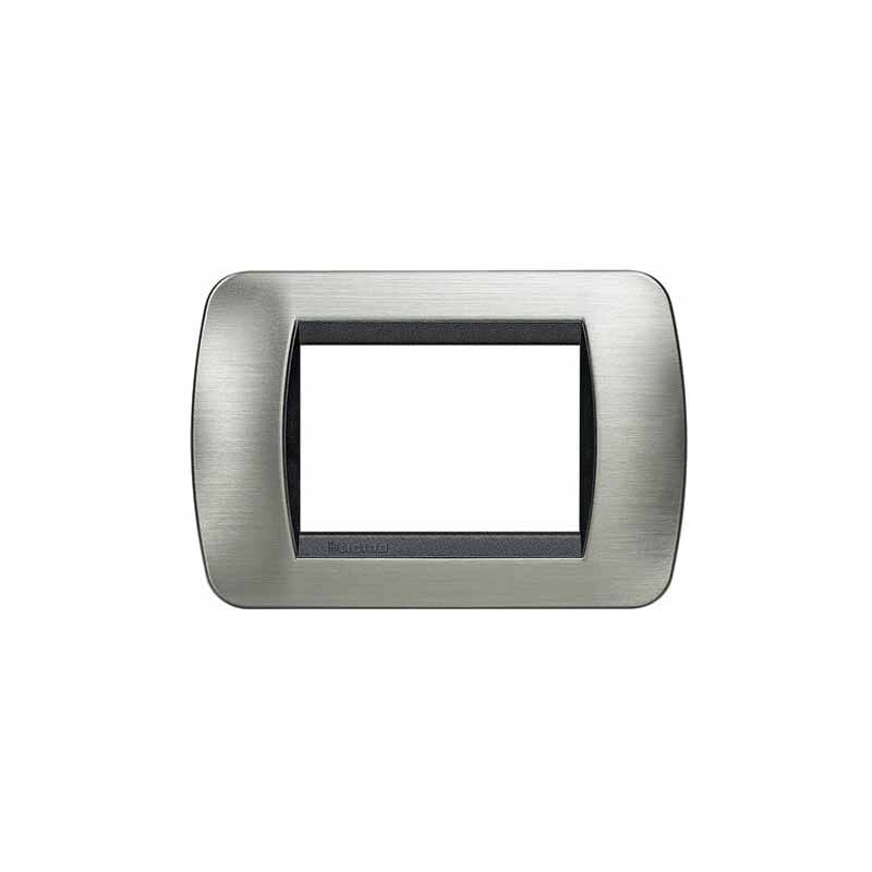 foto del prodotto livinglight placca 3 moduli color acciaio spazzolato cornice nera l4803acs bticino