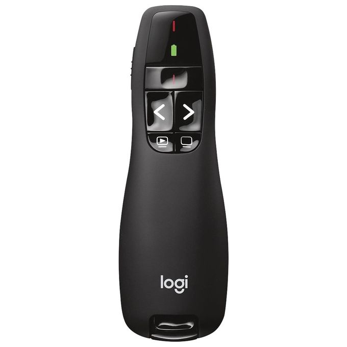 foto del prodotto logitech r400 puntatore laser per presentazioni wireless, 2.4 ghz e bluetooth, ricevitore usb, puntatore laser rosso, portata 15 m, 6 pulsanti, controllo intuitivo, indicatore batteria, pc, nero