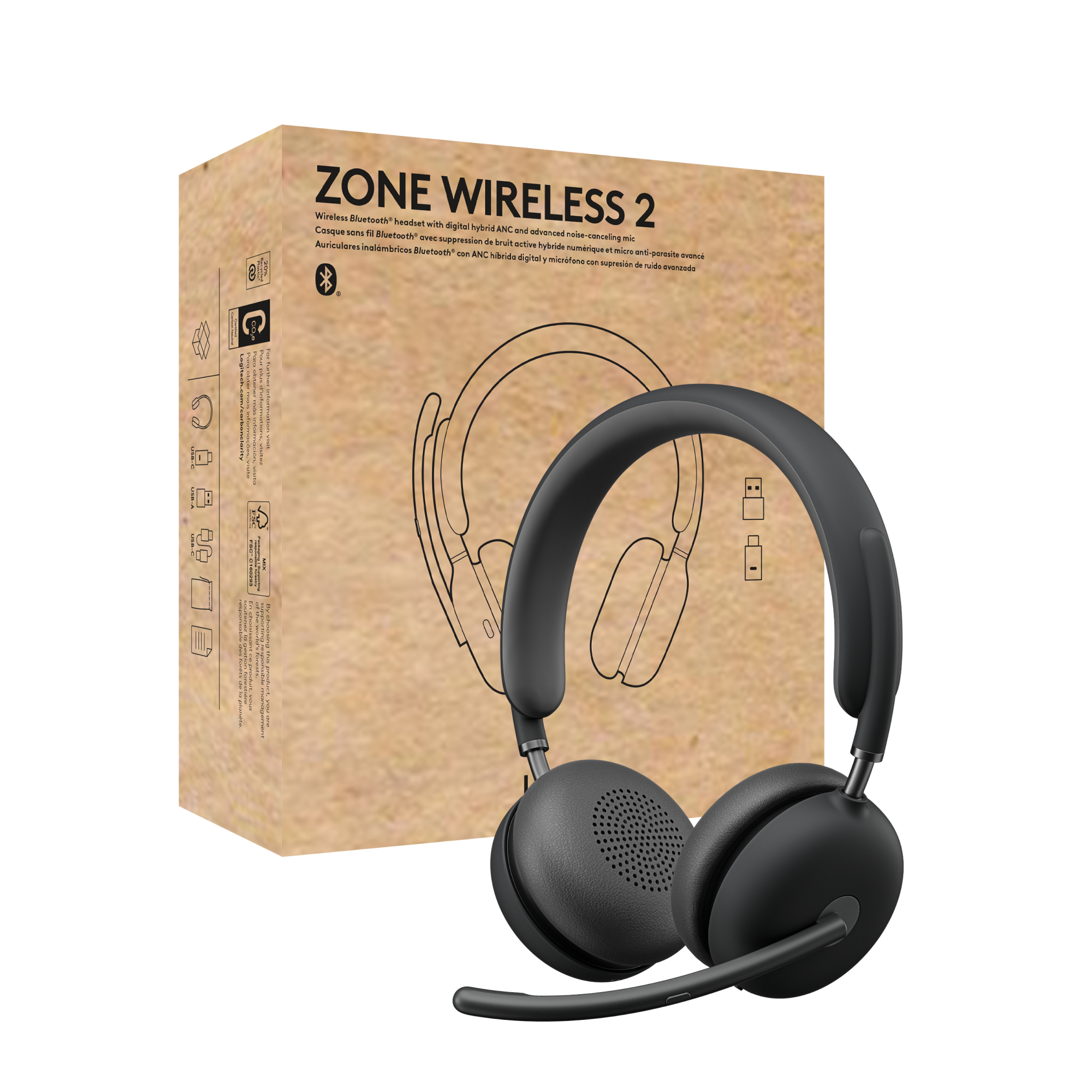 foto del prodotto logitech zone wireless 2 auricolare con cavo e senza cavo a padiglione ufficio usb tipo c bluetooth grafite