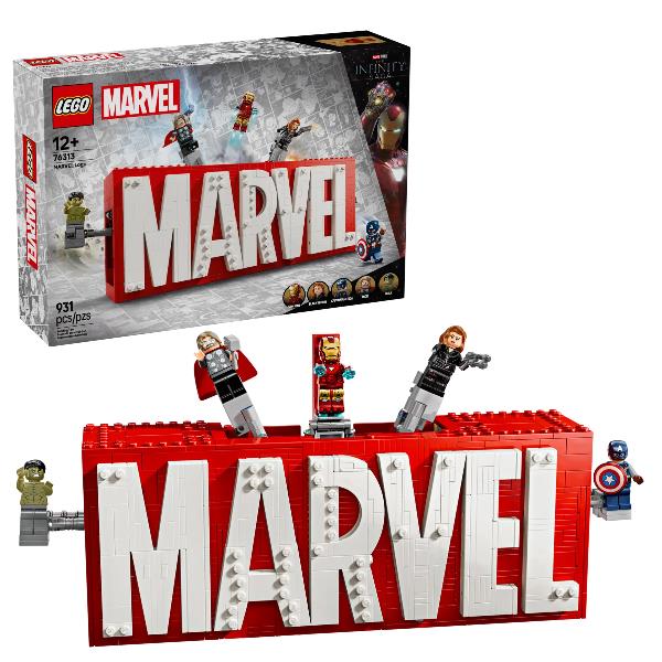 foto del prodotto logo e minifigure marvel