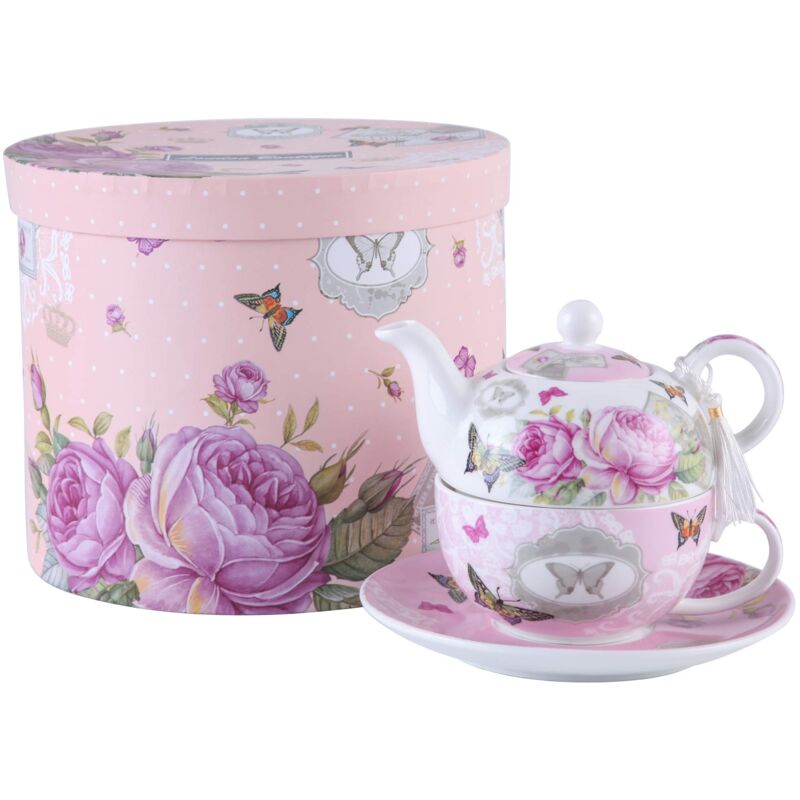 foto del prodotto london boutique set di porcellana da t per una persona, composto da teiera da una tazza e una tazza con piattino, stile vintage con decorazioni