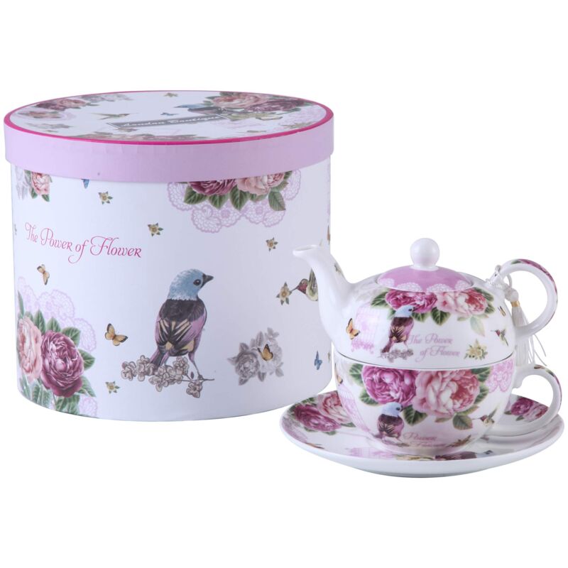 foto del prodotto london boutique set di porcellana da tè per una persona teiera da una tazza e una tazza piattino stile vintage floreali confezione regalo