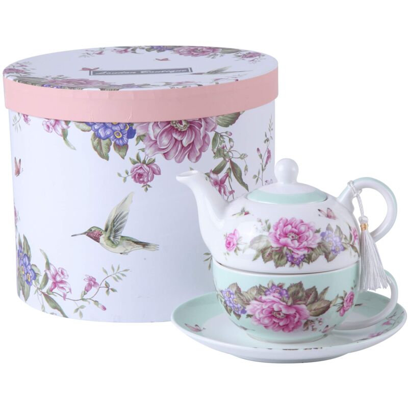 foto del prodotto london boutique shaby set di teiera da t per una persona, in porcellana, con motivo floreale, uccellino, rosa, farfalla, confezione regalo,