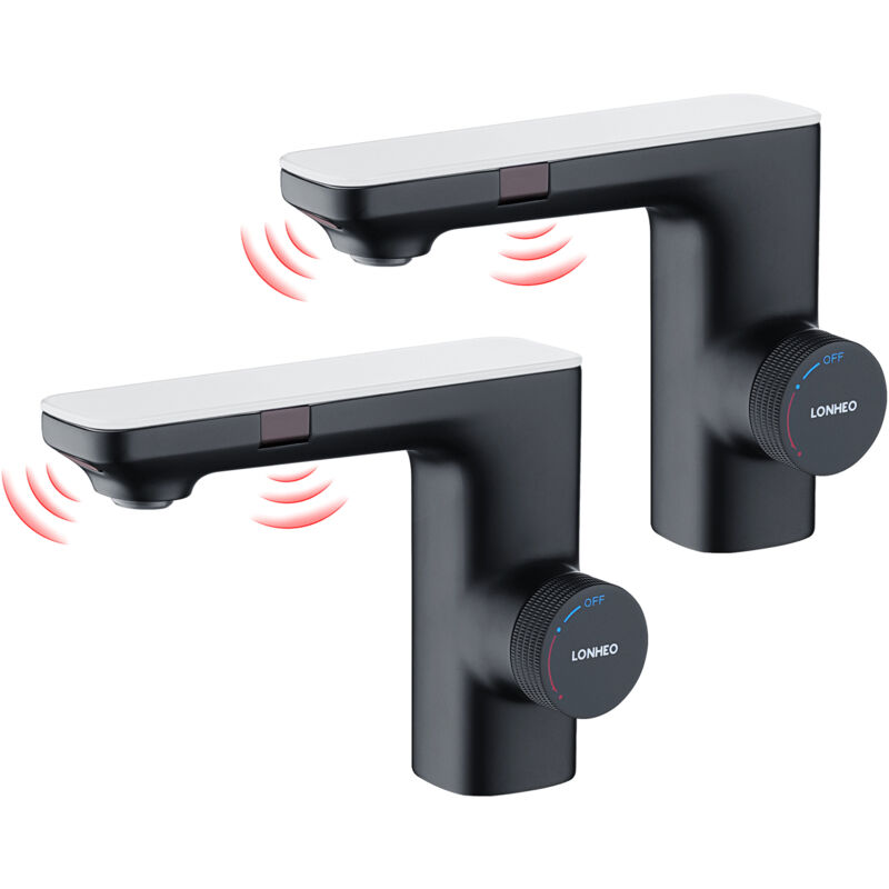 foto del prodotto lonheo 2pcs rubinetto a infrarossi con doppio sensore, miscelatore rubinetto per bagno con sensore automatico, stoccaggio dell acqua 3 min,