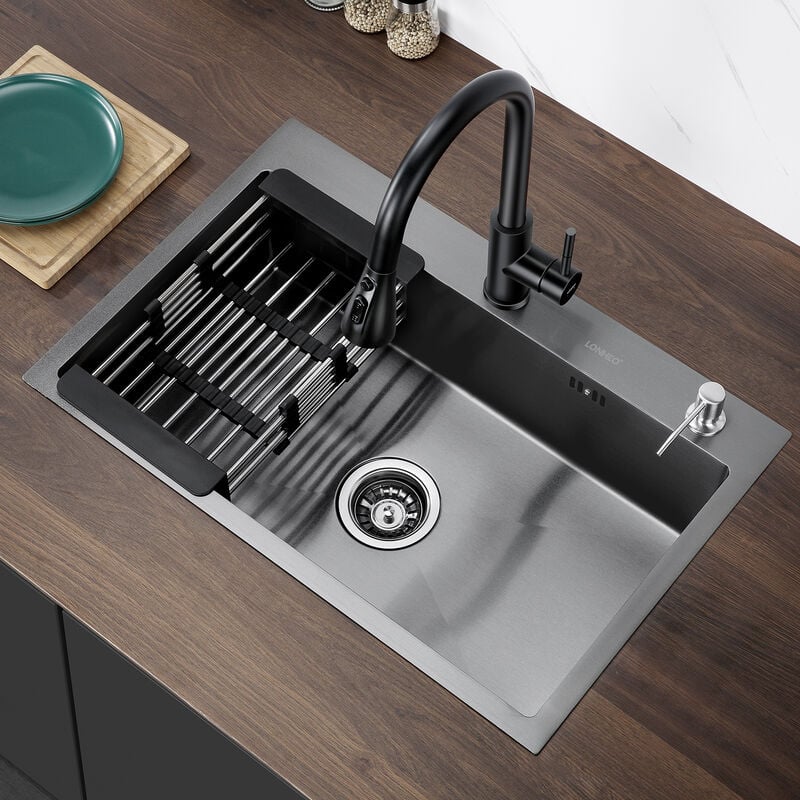 foto del prodotto lonheo 68x45cm lavello incasso 1 vasche acciaio inox lavello da cucina lavandino cucina con dispenser per sapone, cestello regolabile, troppopieno
