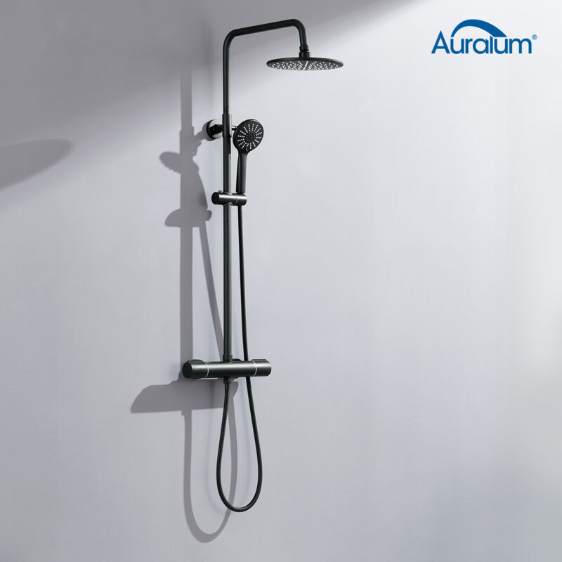 foto del prodotto lonheo auralum colonna doccia con miscelatore termostatico nero, sistema doccia antiscottatura, set doccia con soffione e doccetta 3 getti, altezza