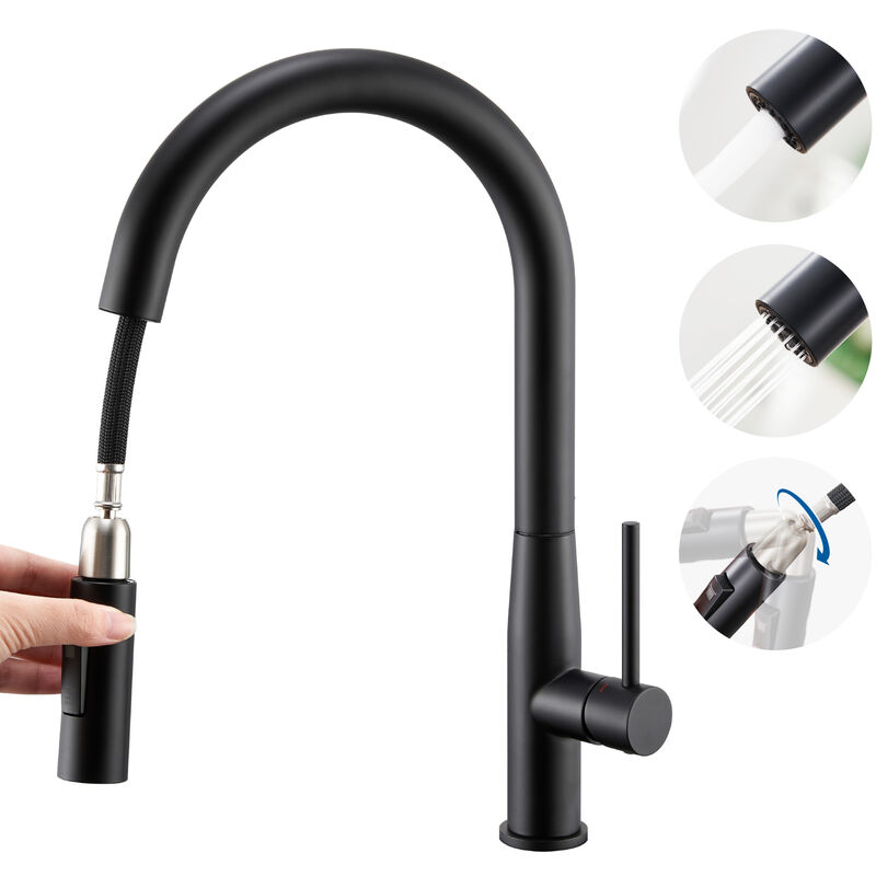 foto del prodotto lonheo auralum rubinetto cucina estraibile in acciaio inox nero, rubinetto da cucina con doccetta estraibile fino a 45cm con aeratore staccabile,