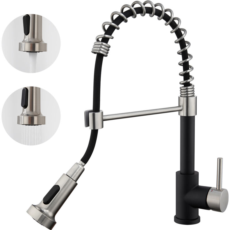 foto del prodotto lonheo auralum rubinetto da cucina estraibile a due getti in acciaio nero, girevole a 360 miscelatore monocomando per lavello dell acqua calda e