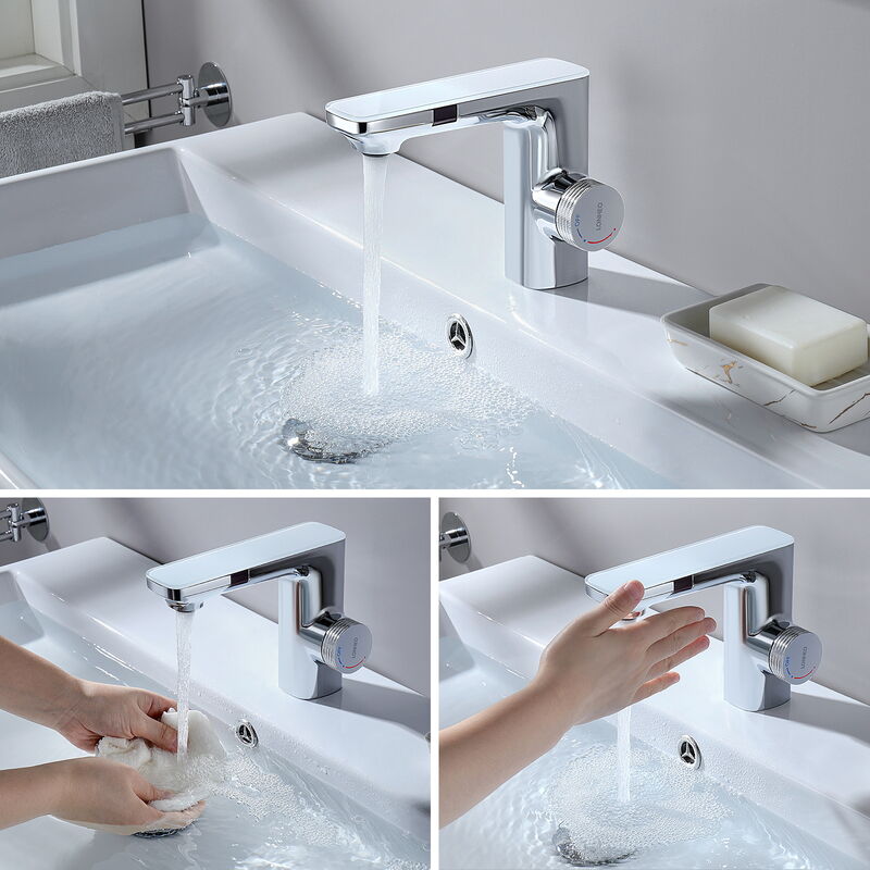 foto del prodotto lonheo auralum rubinetto del lavabo con doppio sensore a infrarossi, miscelatore monocomando per bagno con sensore laterale di 3 minuti, rubinetto