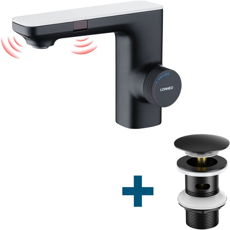 foto del prodotto lonheo due rubinetti a sensore a infrarossi miscelatore automatico per lavabo scarico con troppopieno, miscelatore monocomando per bagno con pop