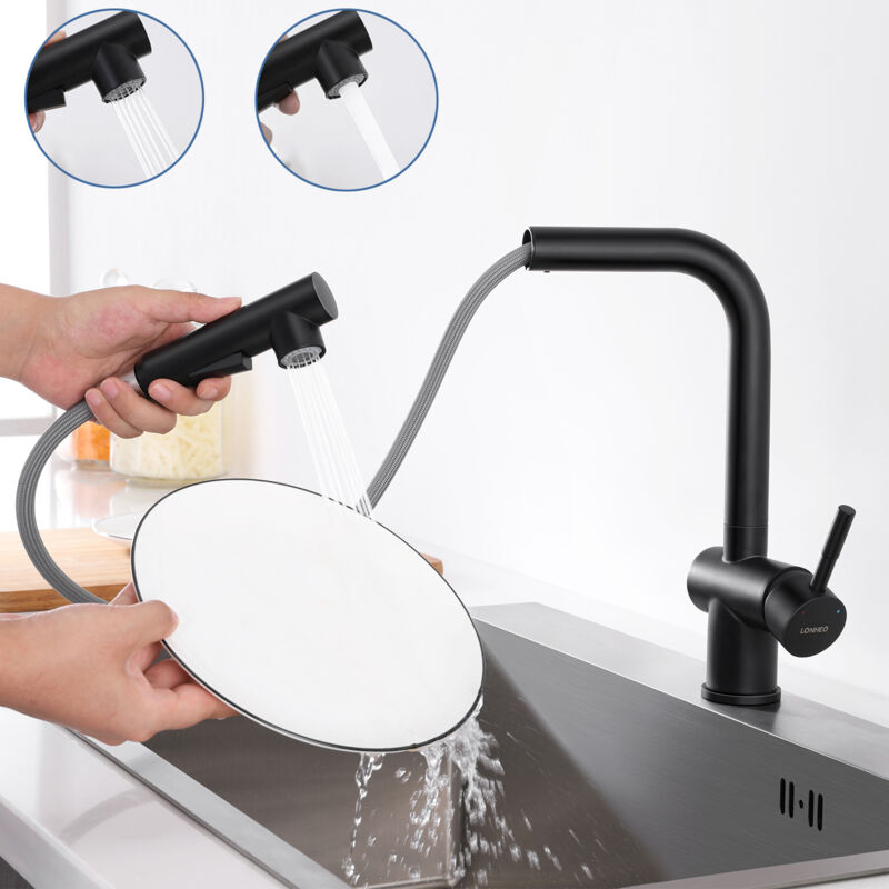 foto del prodotto lonheo estraibile rubinetti cucina 40cm nero, girevole a 360 rubinetto per cucina, 2 funzioni miscelatore cucina, miscelatore monocomando per cucina