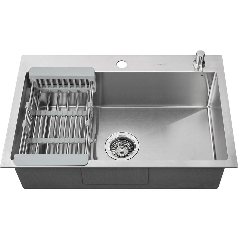 foto del prodotto lonheo lavello da cucina 1 vasche 68 x 45 cm lavello incasso cucina in acciaio inox spazzolato con dispenser per sapone e cestello regolabile