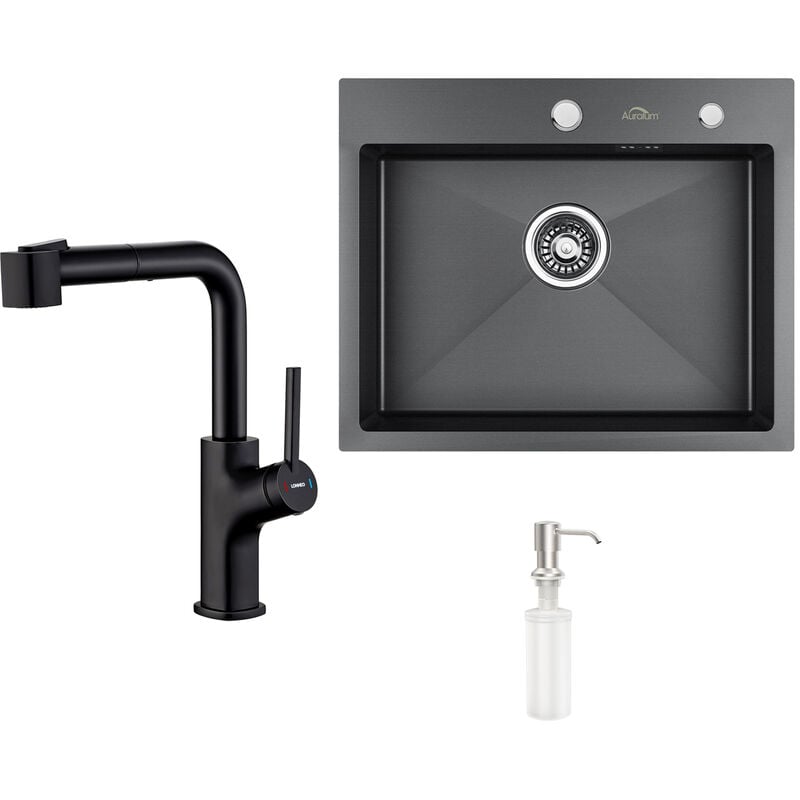 foto del prodotto lonheo lavello da cucina 55 x 45 cm lavello incasso in acciaio inox grigio scuro rubinetto da cucina con doccetta estraibile 2 modalit , girevole