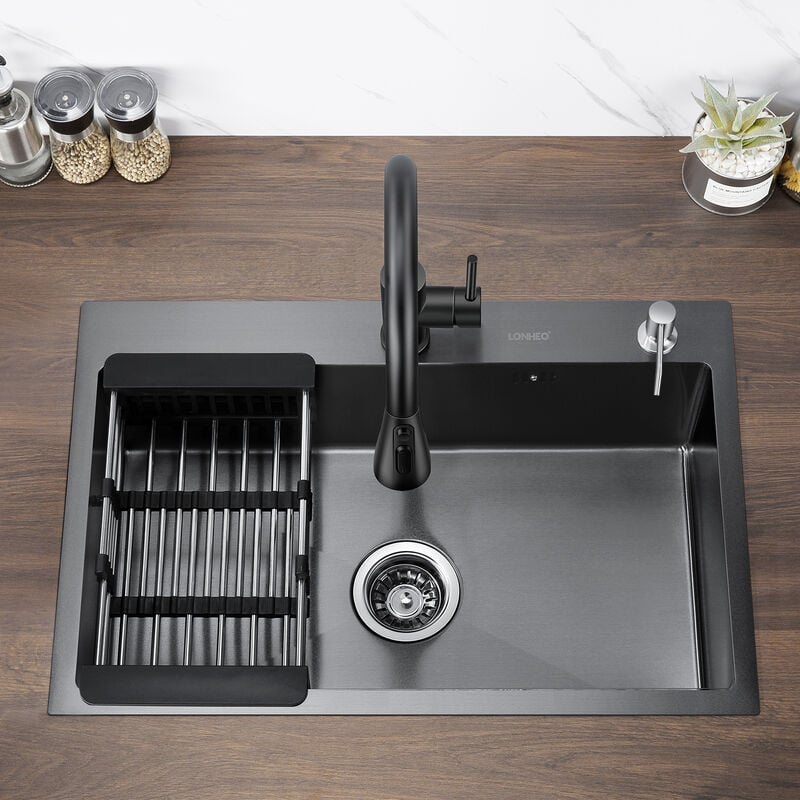 foto del prodotto lonheo lavello da cucina 68x45cm lavello incasso in acciaio inox con dispenser di sapone e cestello regolabile, troppopieno e sifone