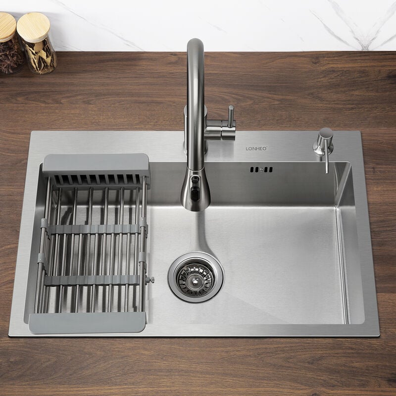 foto del prodotto lonheo lavello da cucina in acciaio inossidabile 68 x 45 cm lavandino cucina 1 vasca con dispenser sapone, cestello di drenaggio regolabile, sifone