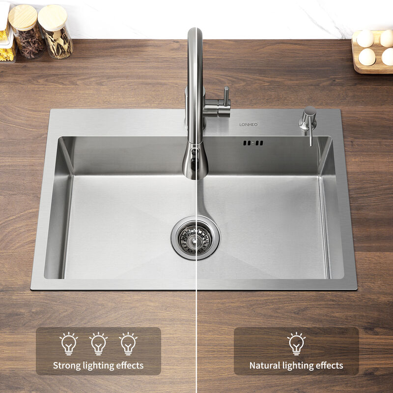 immagine 0 del prodotto lonheo lavello da cucina in acciaio inox 68 x 45 cm, lavello incasso vasca singola con sifone, dispenser sapone e cestello di drenaggio regolabile,