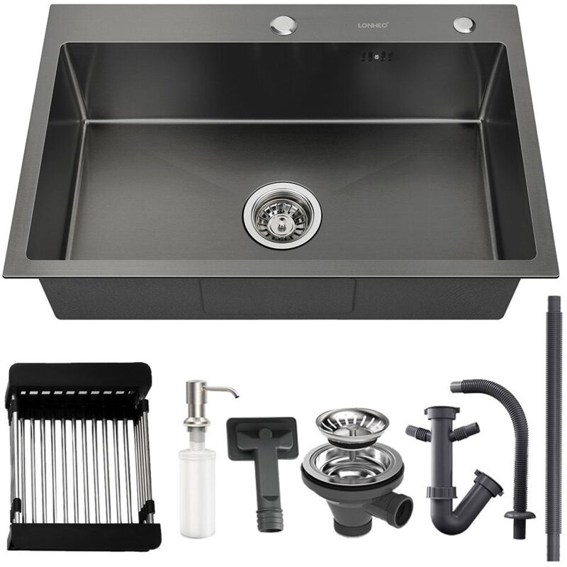 foto del prodotto lonheo lavello da cucina in acciaio inox 68x45cm grigio antracite, lavello incasso vasca singola con sifone, dispenser sapone e cestello di