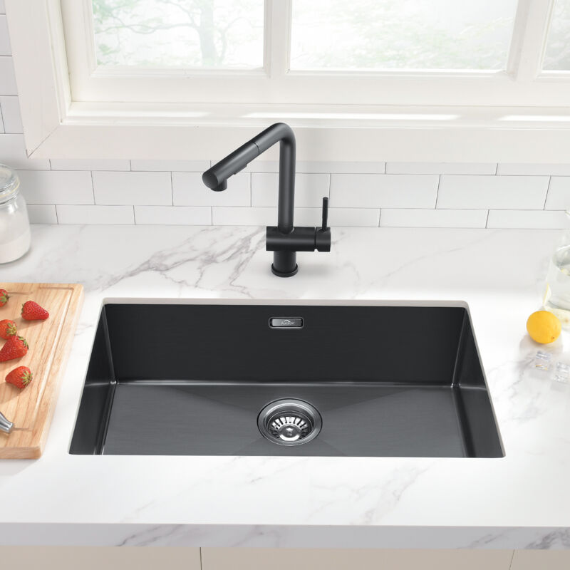 foto del prodotto lonheo lavello da cucina in acciaio inox 70x44cm, lavello a una vasca con troppopieno e set di sifoni, lavello da appoggio o da incasso, grigio